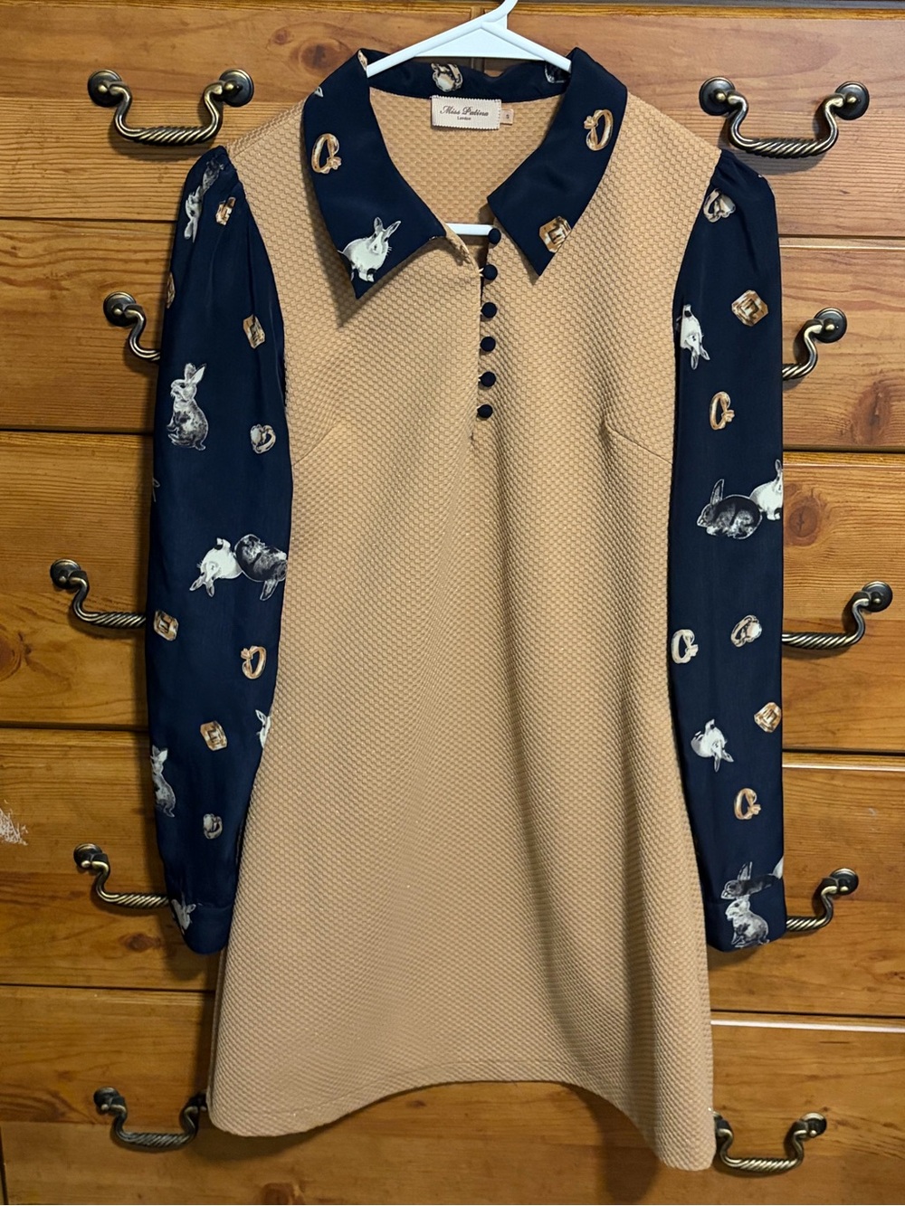 Miss Patina Beige Knit Dress with Navy Printed Long Sleeves